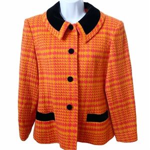 Zarseti, Orange Plaid Blazer Jacket with Black Velvet collar and Pockets